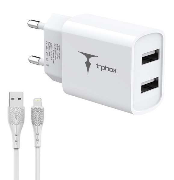Мережевий зарядний пристрій T-PHOX TCC-224 Pocket Dual USB+ Lightning Cable (White) зображення 2