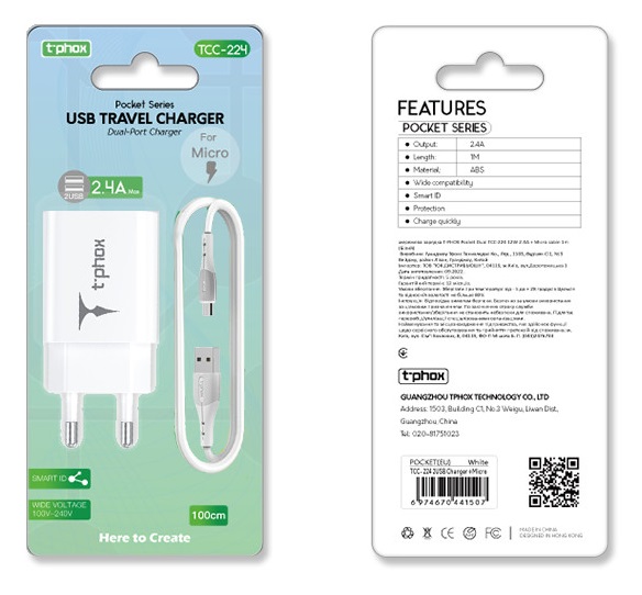 Мережевий зарядний пристрій T-PHOX TCC-224 Pocket Dual USB+MicroUSB Cable (White) зображення 3